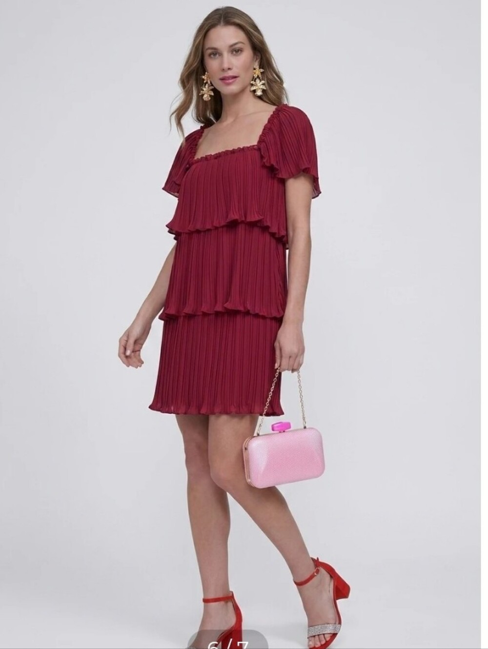 DKNY Pleated Chiffon Dress Size 8 Burgundy Ruffle Neck Sheer Sleeve Party $149